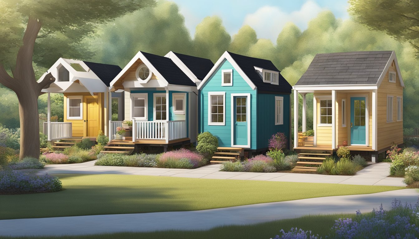 Several tiny houses are connected side by side, forming a small community. Each house has its own unique design and color scheme, with shared outdoor spaces and gardens in between