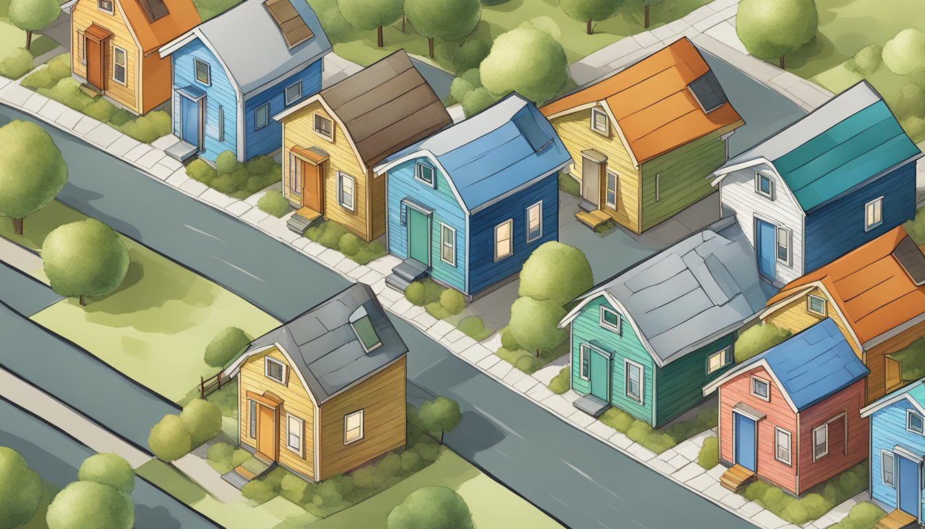 Several tiny houses are arranged closely together, forming a small community. Each house is unique in design and color, with small pathways connecting them