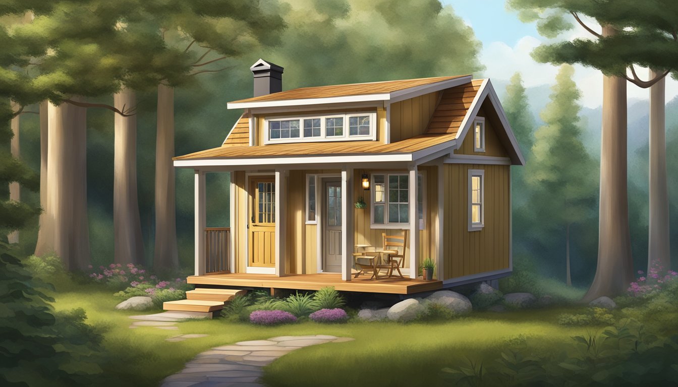 A cozy 8x12 tiny house nestled among tall trees with a small porch and a sloped roof, surrounded by nature