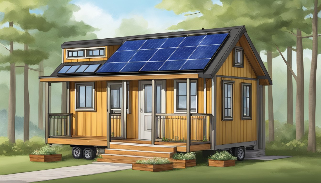 An 8x12 tiny house with a lofted sleeping area, large windows, a small porch, and a sloped roof with solar panels