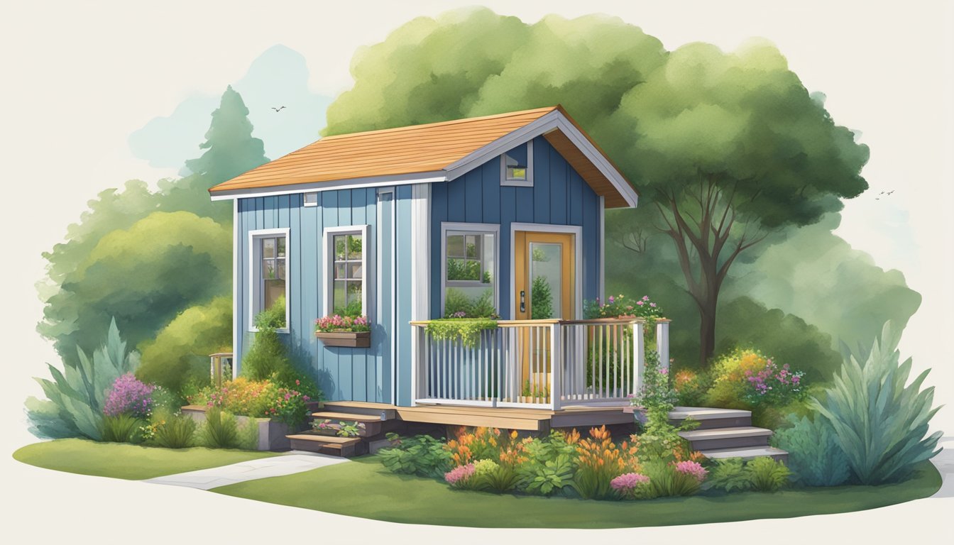 A cozy 8x12 tiny house surrounded by lush greenery, with a small garden and a welcoming community space nearby