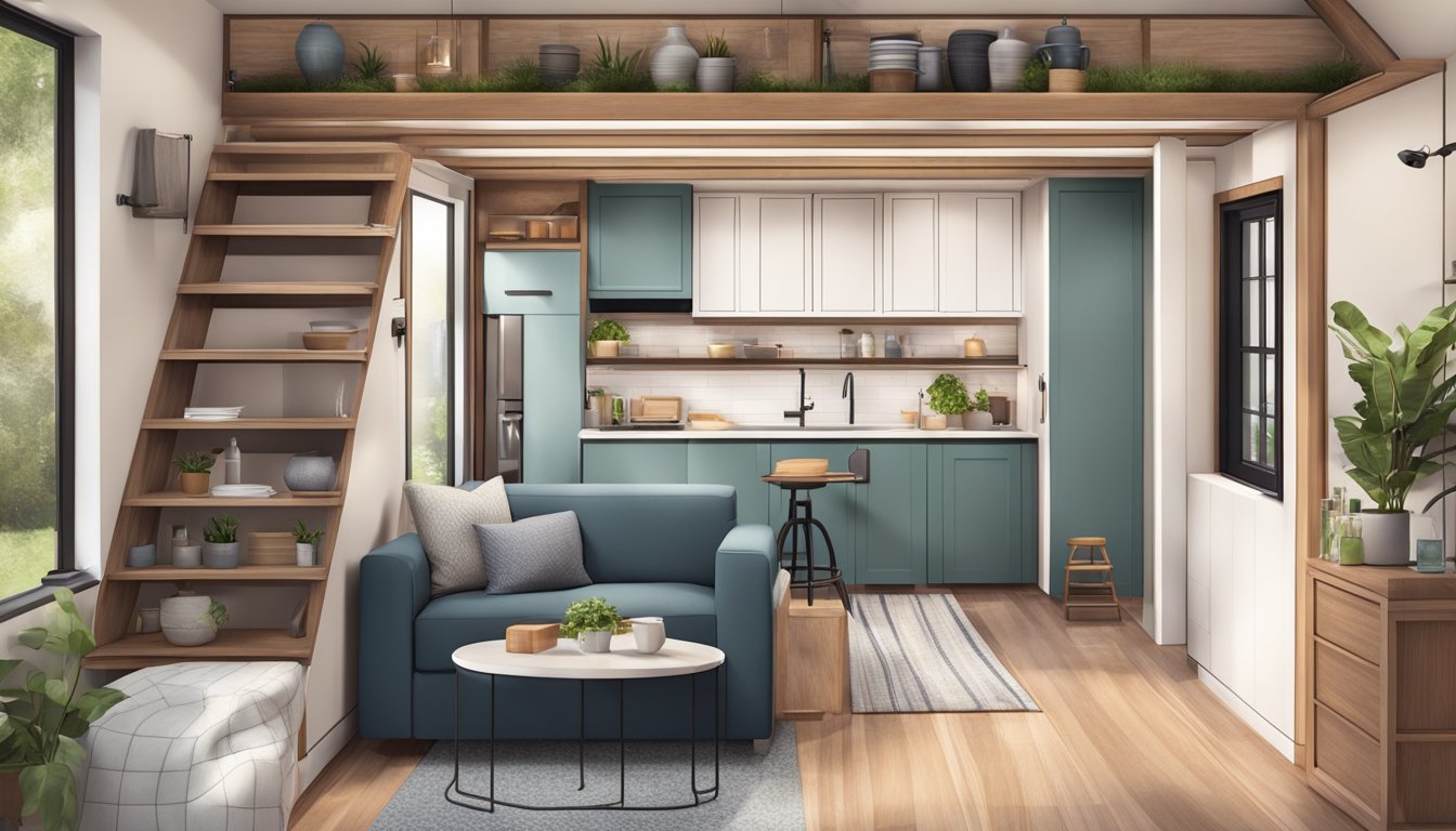 A cozy two-story tiny house with modern interior design, featuring a living room, kitchen, bedroom, and bathroom