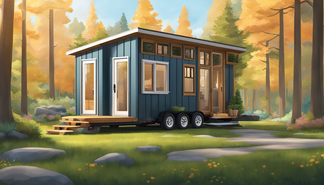 A tiny house on wheels, 100 sq ft, surrounded by nature, with a small porch and large windows showcasing the interior