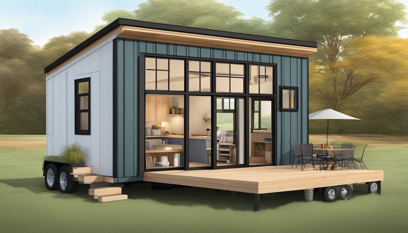 A cozy 100 sq ft tiny house with a loft bed, compact kitchen, fold-down table, and large windows for natural light