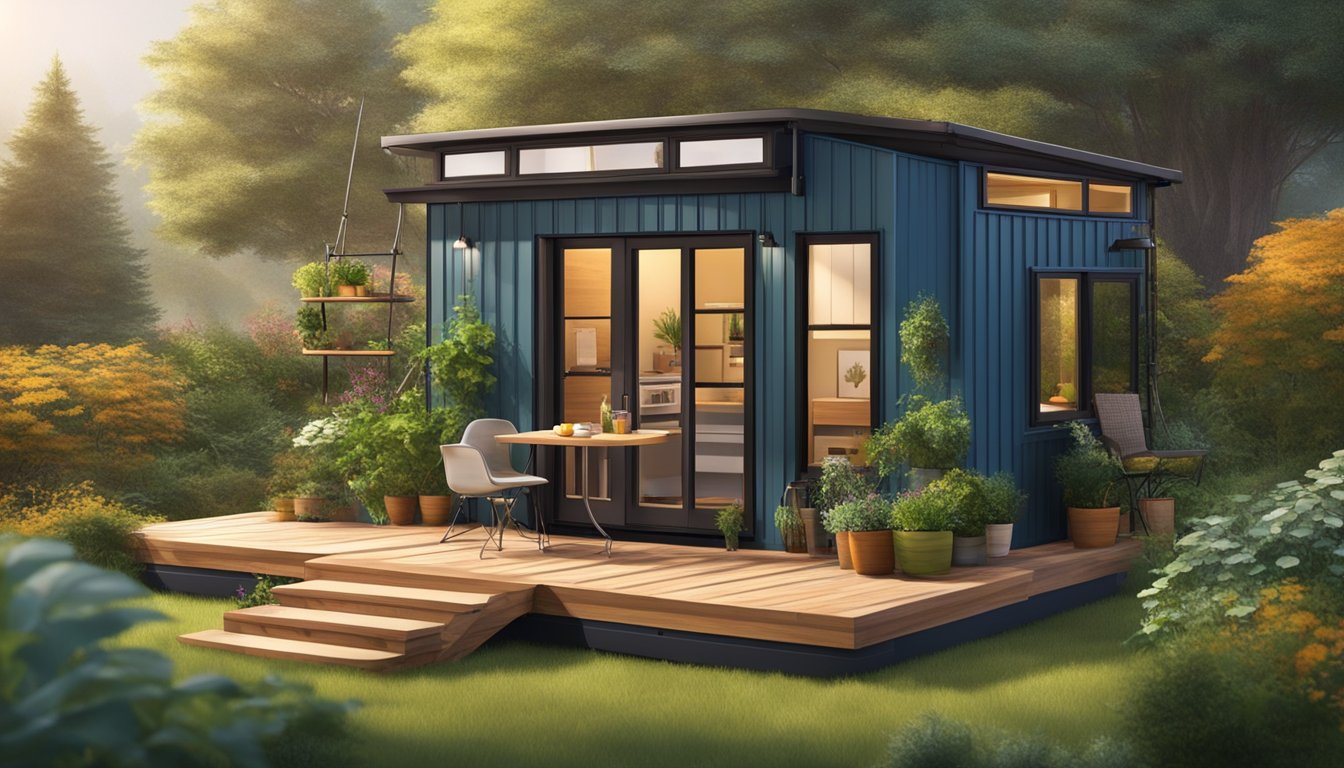 A cozy 100 sq ft tiny house with a loft bed, compact kitchen, and fold-down table, surrounded by nature and a small garden