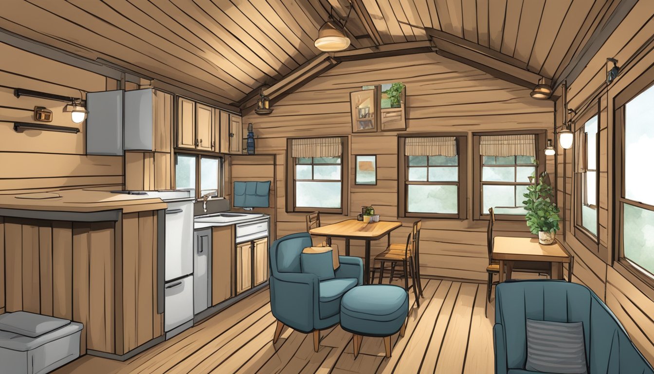 A cozy 14x40 cabin with a simple layout, featuring a living area, kitchen, bathroom, and a lofted sleeping area