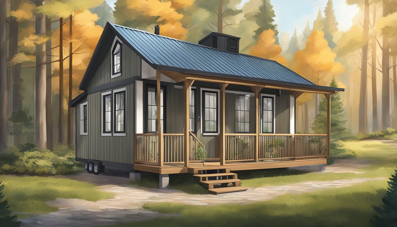 A 14x40 tiny house cabin with a gabled roof, large windows, and a front porch, nestled in a wooded setting