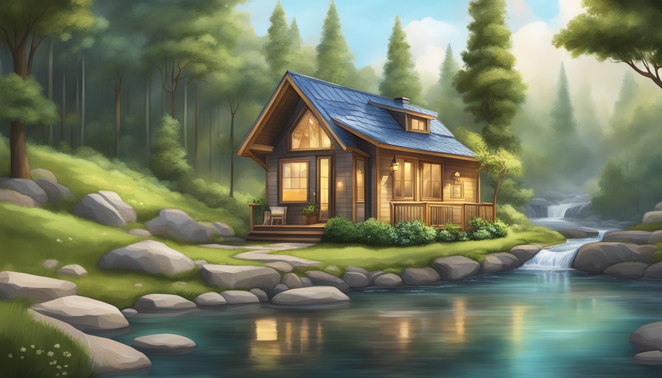 A cozy tiny house with four bedrooms, nestled in a serene natural setting, surrounded by lush trees and a bubbling stream