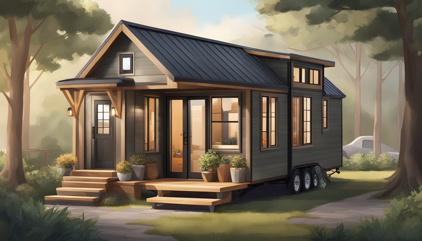 A cozy 8x20 tiny house with a loft bedroom, compact kitchen, and living area with big windows, nestled in a serene natural setting