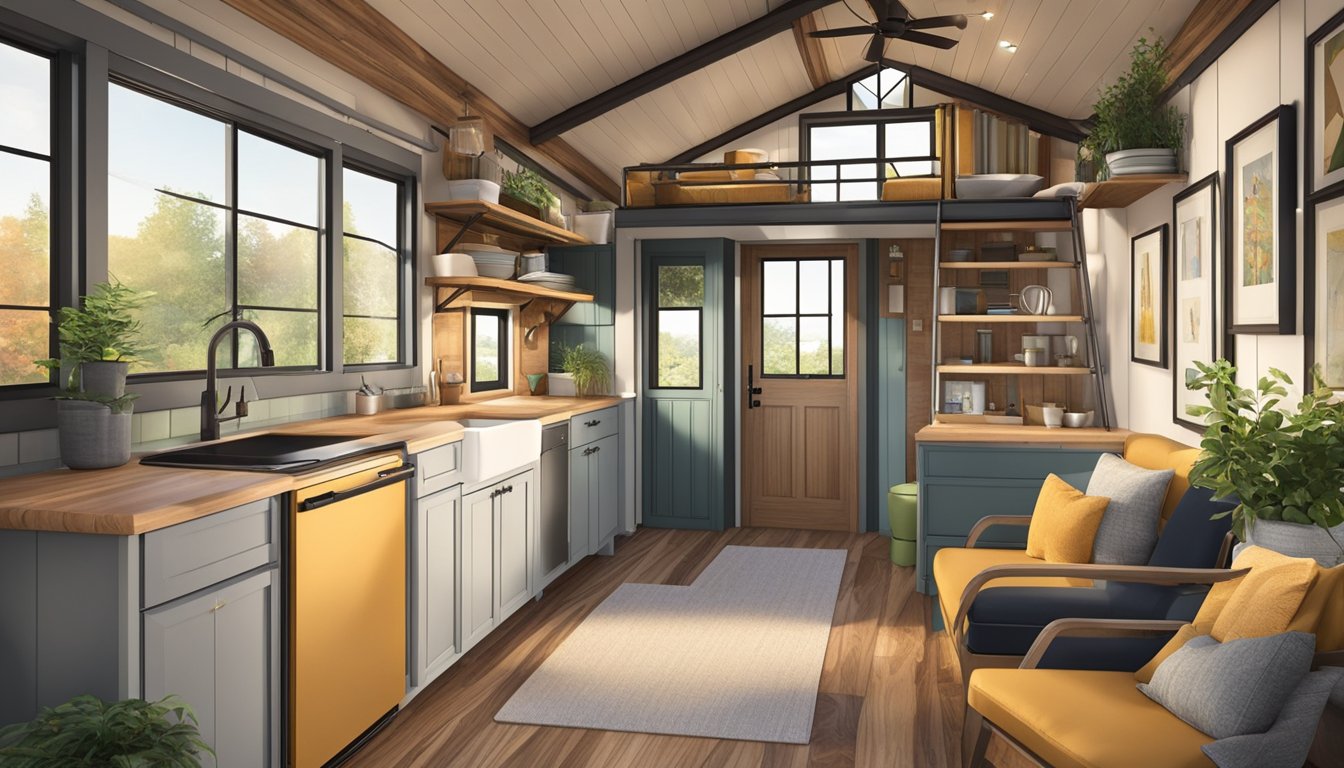 A cozy 14x40 tiny house cabin with an open floor plan, featuring a living area, kitchen, bathroom, and loft bedroom with large windows and warm, inviting decor