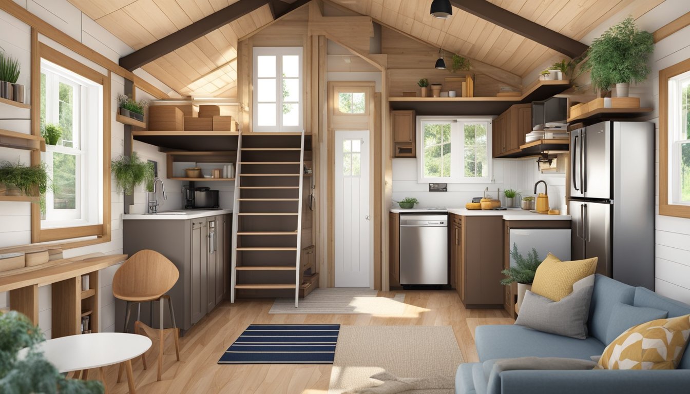 A cozy 14x40 tiny house with a loft, open living area, and compact kitchen. Family-friendly design with space-saving features and a charming exterior