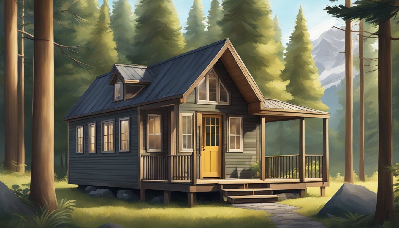 A cozy 14x40 tiny house cabin nestled in a forest clearing, surrounded by tall trees and a serene mountain backdrop