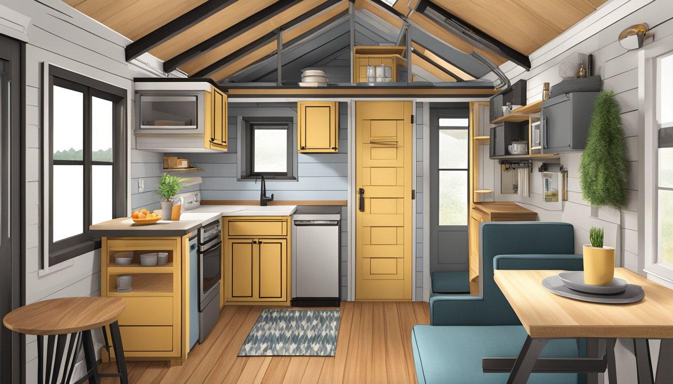 A cozy 8x20 tiny house interior with a loft bed, compact kitchen, dining area, and a small living space with a fold-out table and storage