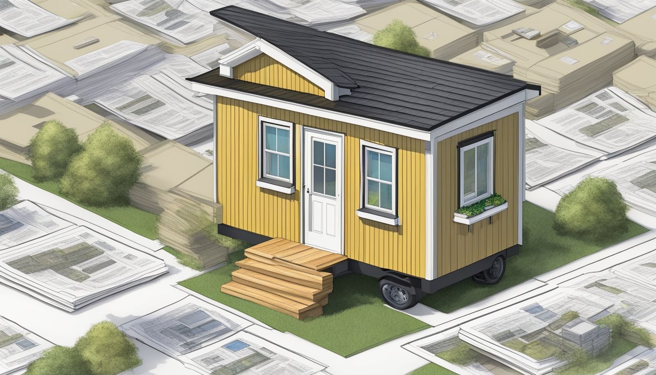 An 8x16 tiny house surrounded by legal and zoning documents and officials