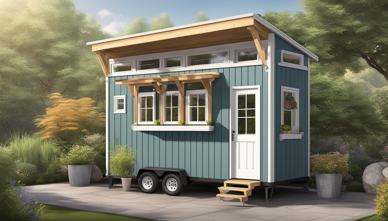 A cozy 8x16 tiny house with a loft bed, compact kitchen, and fold-out table. Outdoor space features a small garden and seating area