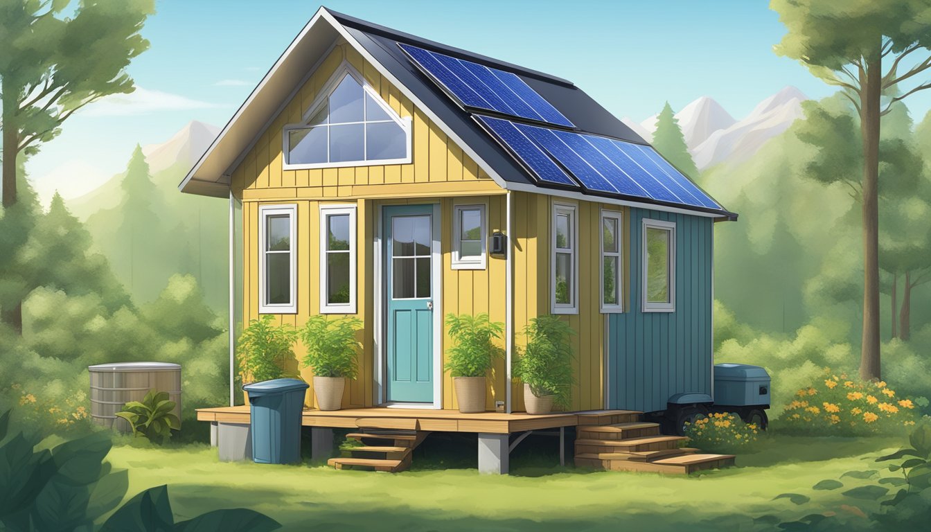 A tiny house 8x16 with solar panels, rainwater collection system, and composting toilet, surrounded by lush greenery and a clear blue sky