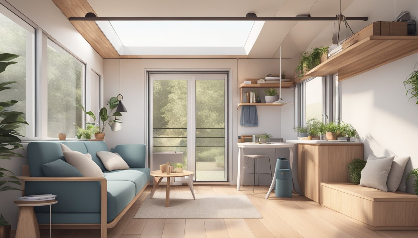 A cozy, minimalist tiny house with efficient use of space, natural lighting, and functional furniture