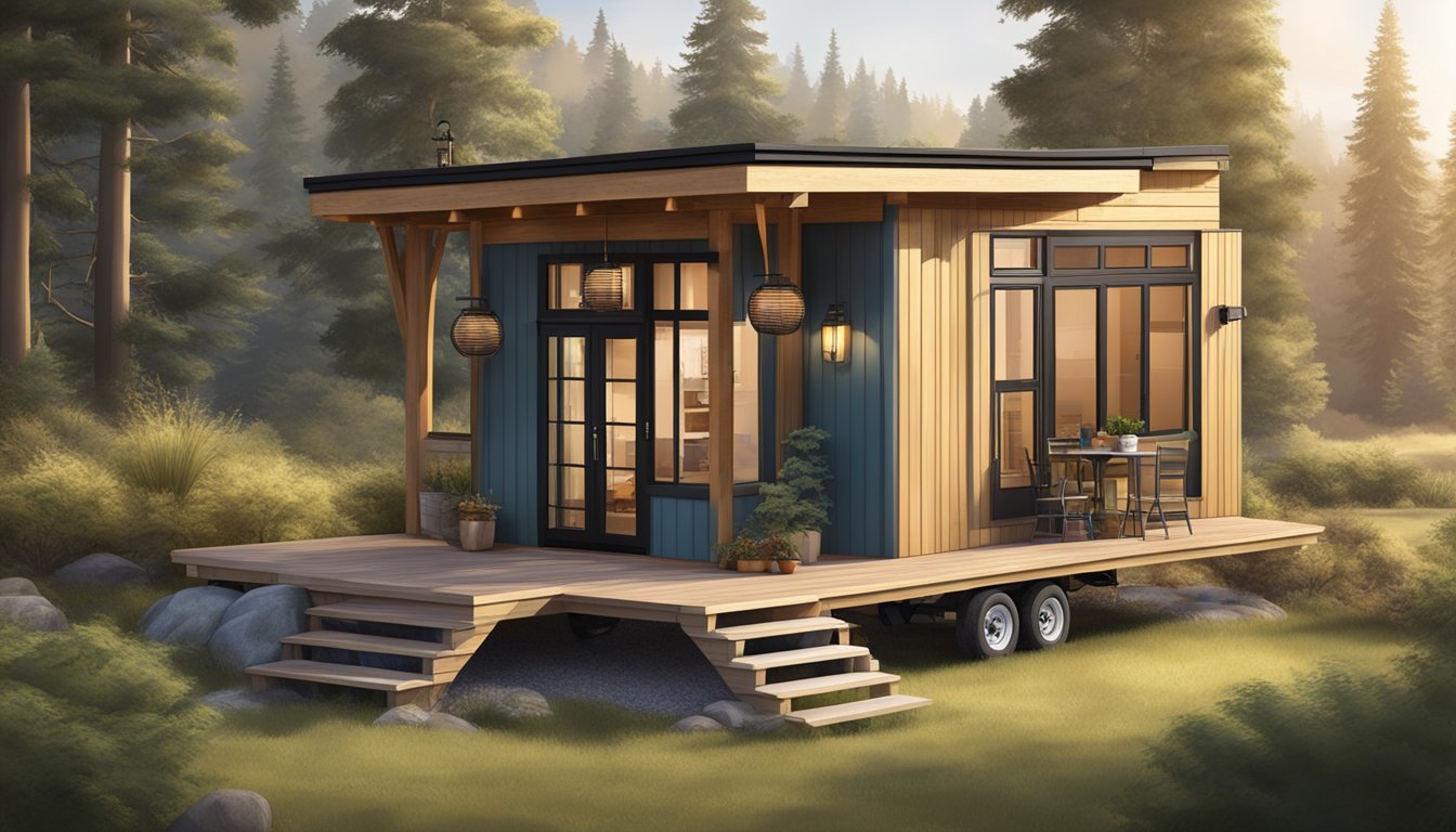 A cozy 8x16 tiny house with a loft bed, compact kitchen, and small living area nestled in a serene natural setting