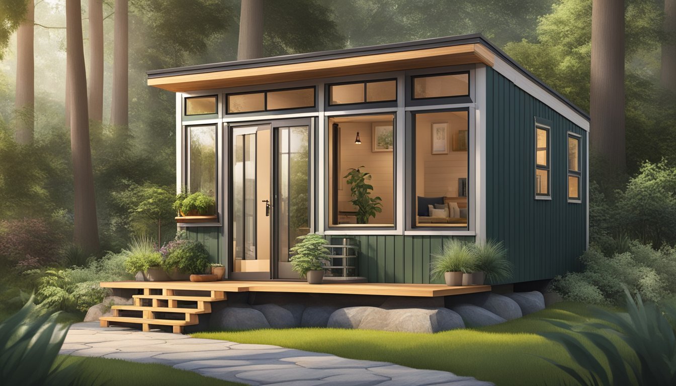 An 8x16 tiny house nestled in a serene natural setting, surrounded by lush greenery and a small garden. The house features large windows, a lofted sleeping area, and a cozy outdoor seating area