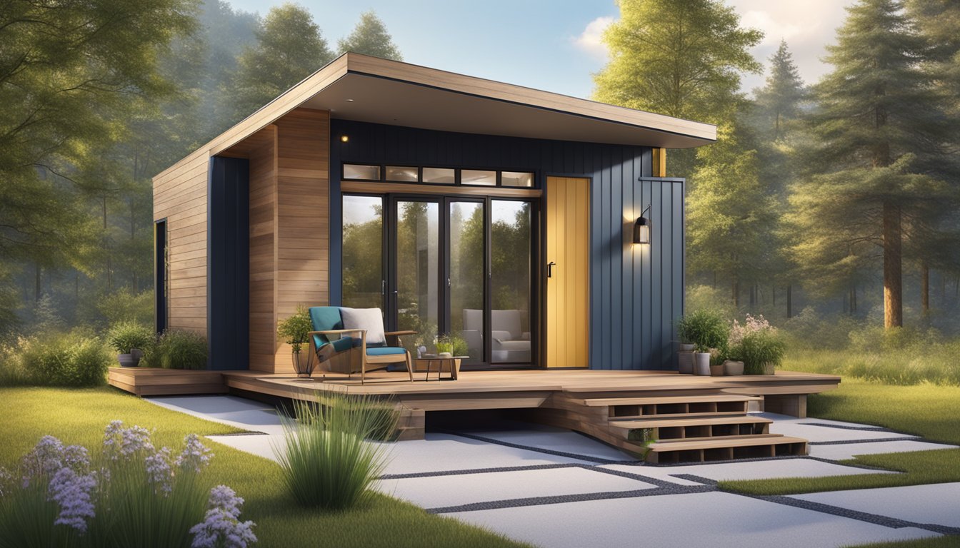 A cozy tiny house with a modern design, measuring 650 square feet, nestled in a serene natural setting