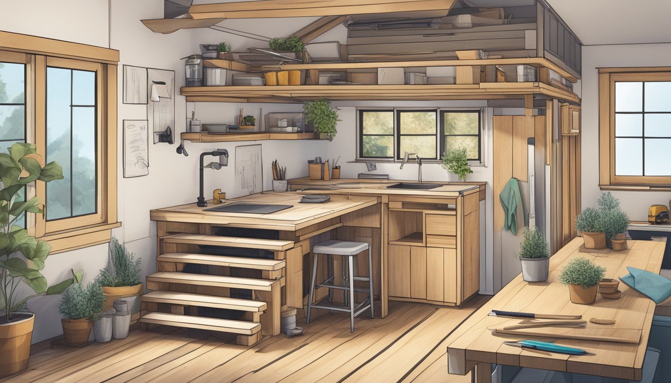 A tiny house being built, surrounded by tools and materials, with a blueprint laid out on a table