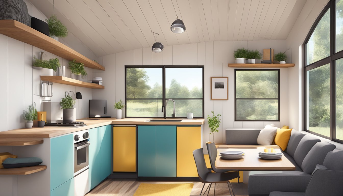 A cozy, open-concept tiny house with modern furniture and efficient storage solutions. Bright natural light floods the space, highlighting the clean lines and minimalist design