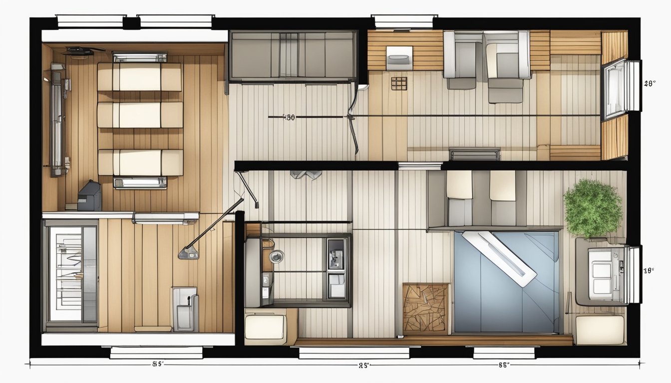 A tiny house with construction plans and elevations, measuring 650 square feet