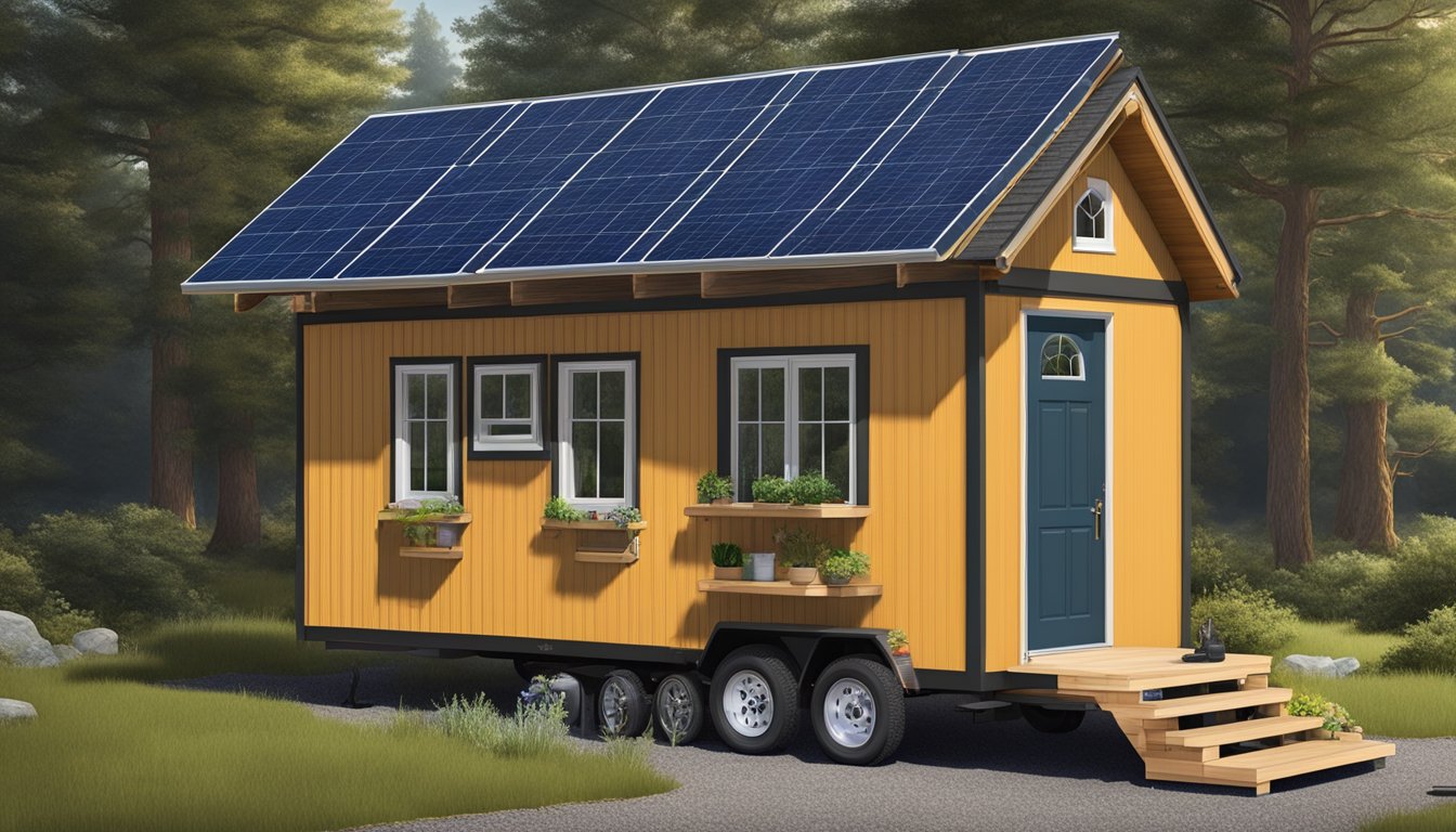 A 10x20 tiny house with a utility and maintenance theme, featuring solar panels, rainwater collection system, and a small tool shed