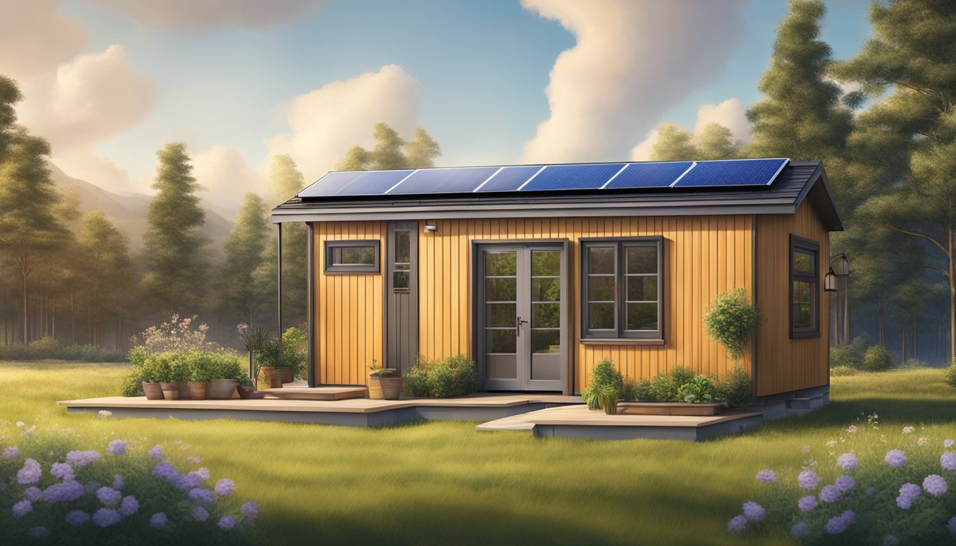 A cozy 10x20 tiny house nestled in a serene natural setting, with a small garden and solar panels on the roof