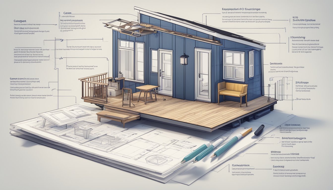 A tiny house blueprint with labeled cost breakdowns and budgeting charts spread out on a desk