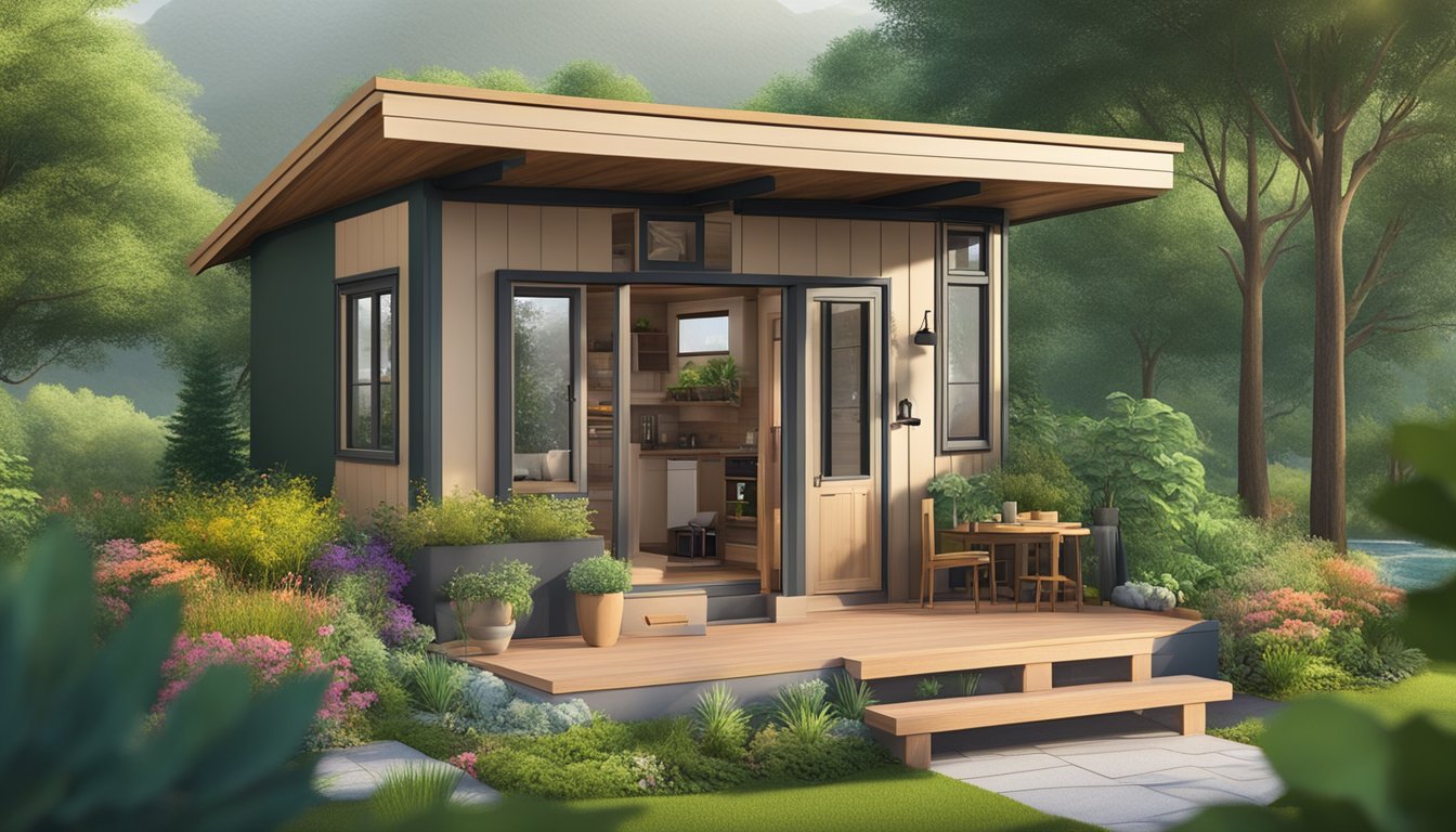 A 10x20 tiny house surrounded by lush greenery, with a small outdoor seating area and a garden, set against a backdrop of mountains and trees