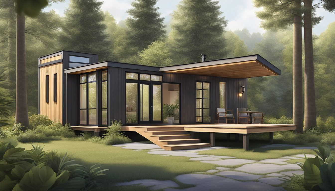 A 16x40 tiny house nestled in a serene natural setting, surrounded by lush greenery and towering trees. The compact structure features a minimalist design with large windows and a cozy outdoor seating area