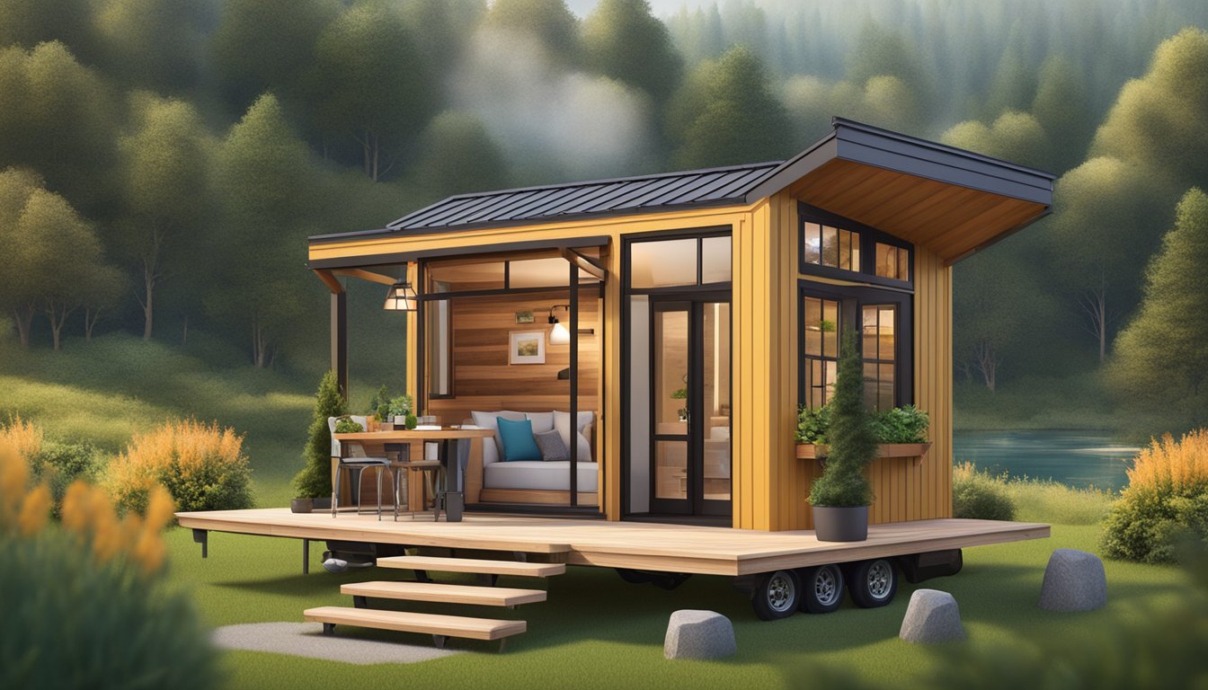 A cozy 250 sq ft tiny house with a loft bedroom, compact kitchen, and fold-out dining table, surrounded by a picturesque natural landscape