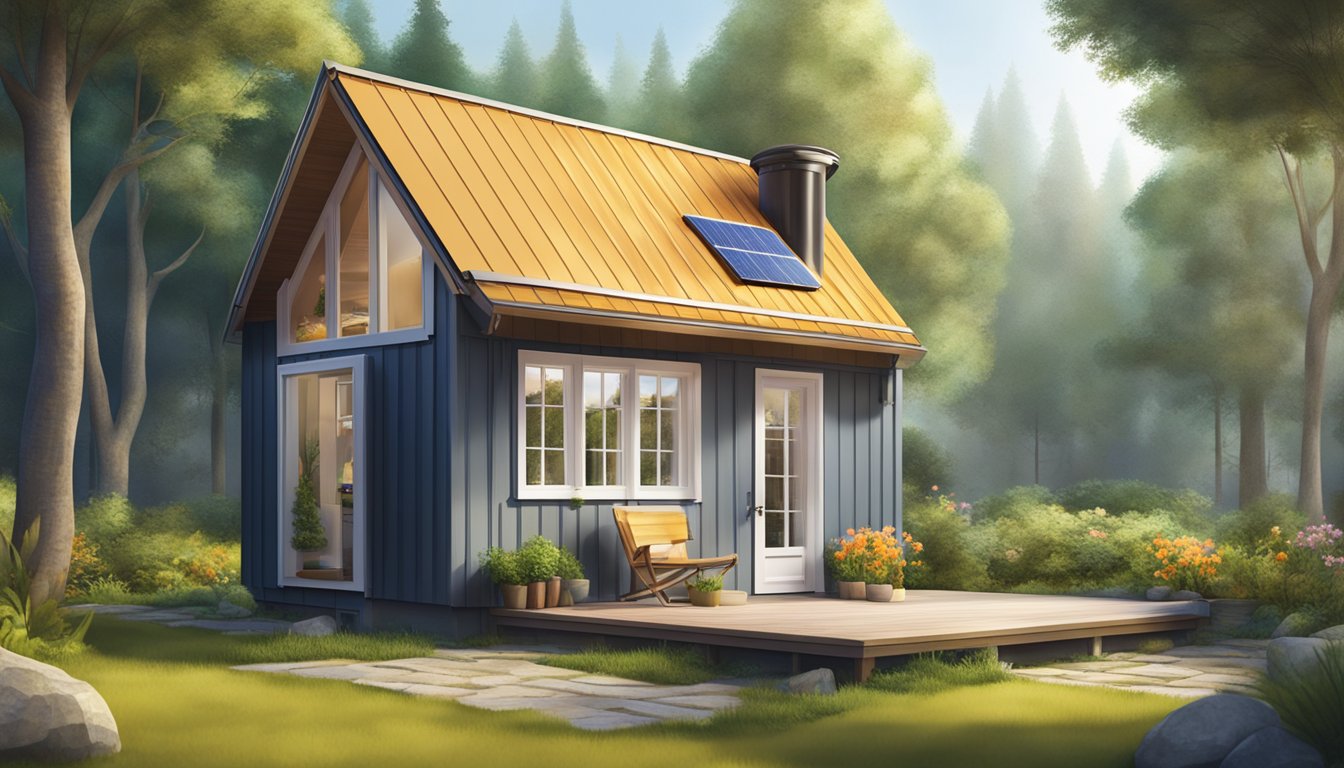 A cozy tiny house nestled in a serene natural setting, with a small garden and solar panels on the roof