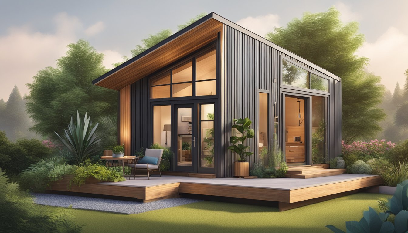 A cozy tiny house with a modern design, surrounded by lush greenery and built with sustainable materials