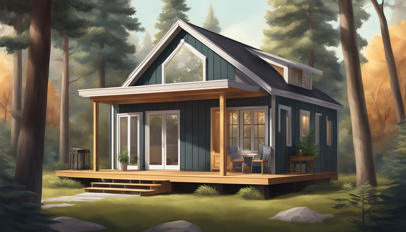 A cozy 250 sq ft tiny home nestled among tall trees with a small porch and large windows letting in natural light