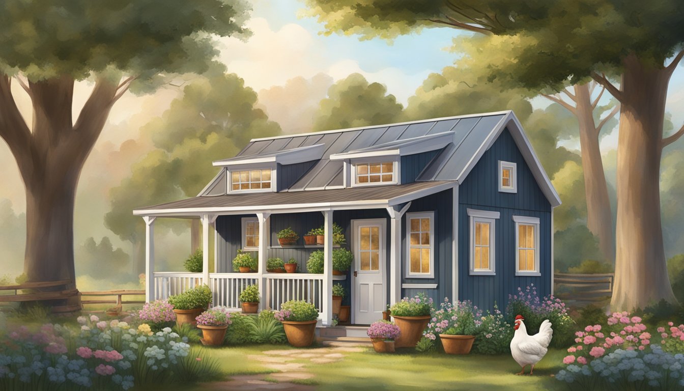 A cozy 16x40 tiny house nestled on a homestead, surrounded by gardens, chickens, and a small barn