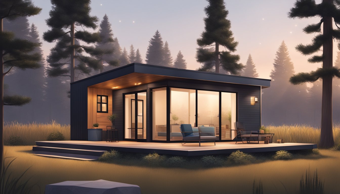 A cozy 750 sq ft tiny house with minimalist design elements, large windows, and a sleek, modern aesthetic