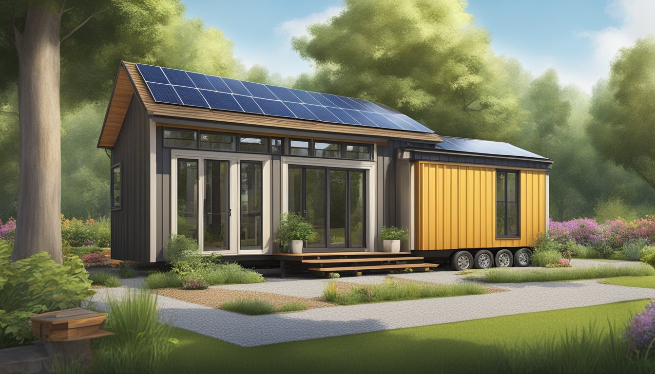 A tiny house, 16x40, surrounded by trees with solar panels on the roof. A small garden and rainwater collection system are visible