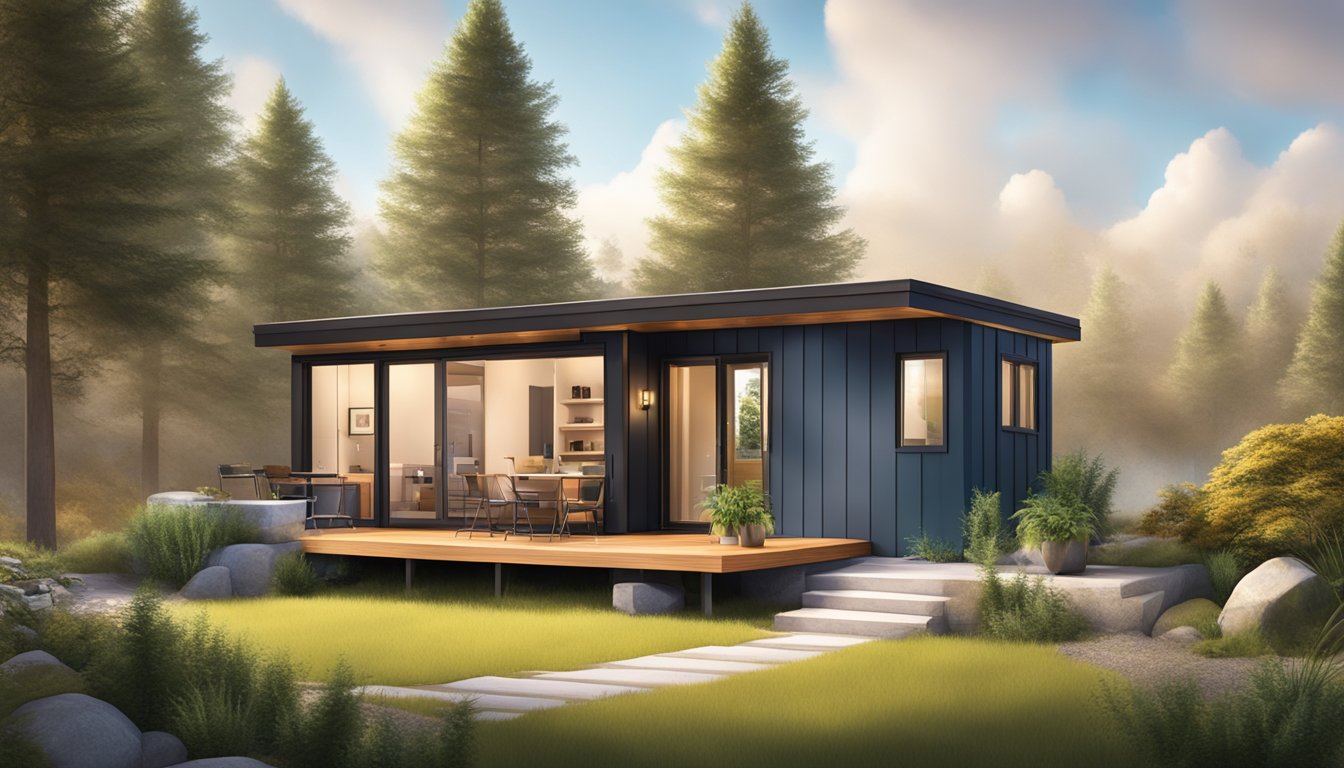 A cozy tiny house with a modern design, approximately 750 square feet, nestled in a serene natural setting