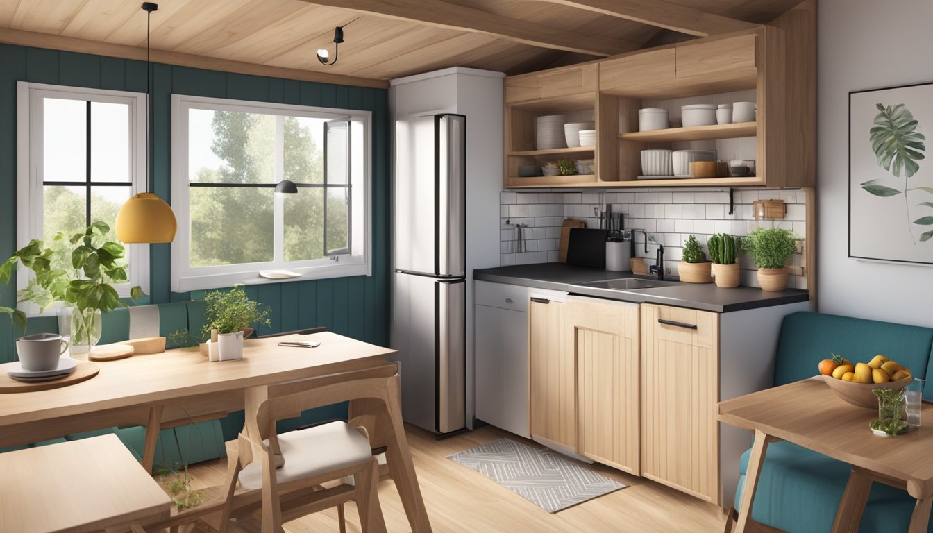 A cozy, 45m2 tiny house with a loft bedroom, compact kitchen, and open living space with large windows and a fold-out dining table