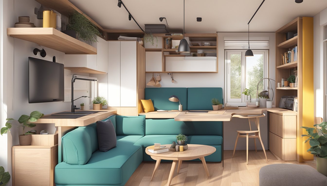 A cozy, clutter-free interior with multifunctional furniture and clever storage solutions in a 45m2 tiny house