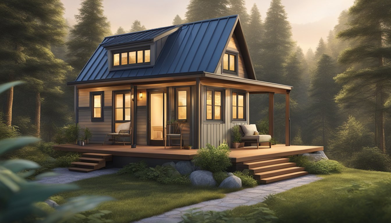 A cozy tiny house nestled in a lush forest, featuring large windows, a sloped roof, and a front porch with a small seating area