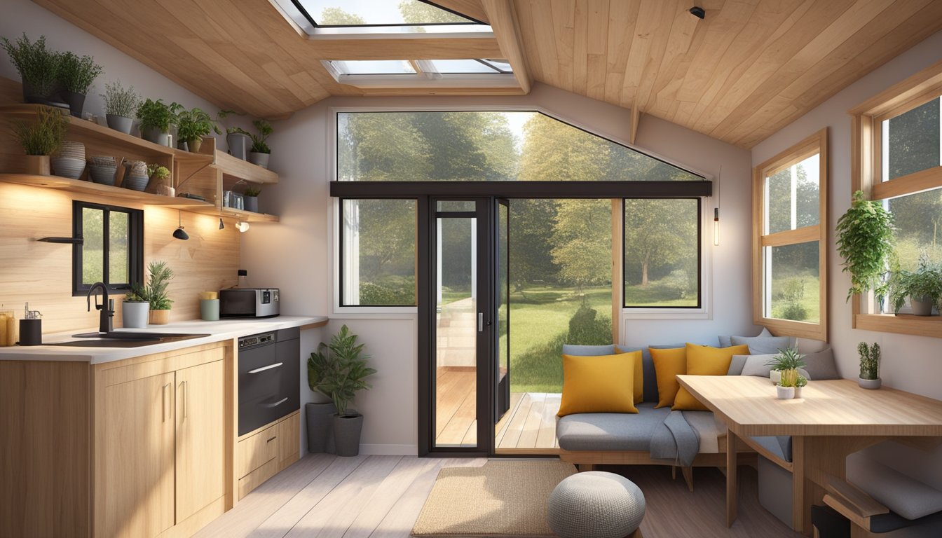 A cozy 45m2 tiny house with a loft bed, compact kitchen, and multi-functional furniture. Large windows let in natural light, and a small outdoor deck provides space for relaxation