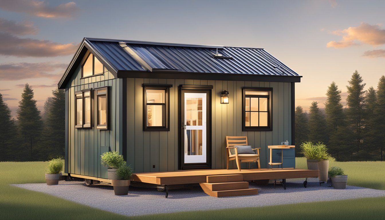 A cozy 350-square-foot tiny house with a lofted bedroom, compact kitchen, and a small living area with large windows and a front porch