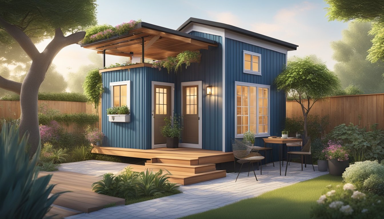 A cozy 45m2 tiny house with a well-maintained exterior surrounded by a small garden and potted plants. A hammock hangs between two trees, and a small outdoor seating area invites relaxation