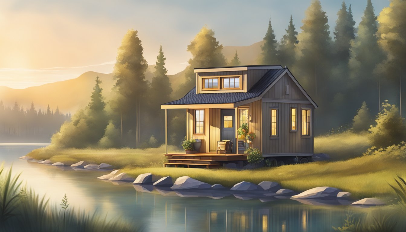 A tiny house nestled in a serene natural setting, with a clear view of the surrounding land and a visible zoning sign