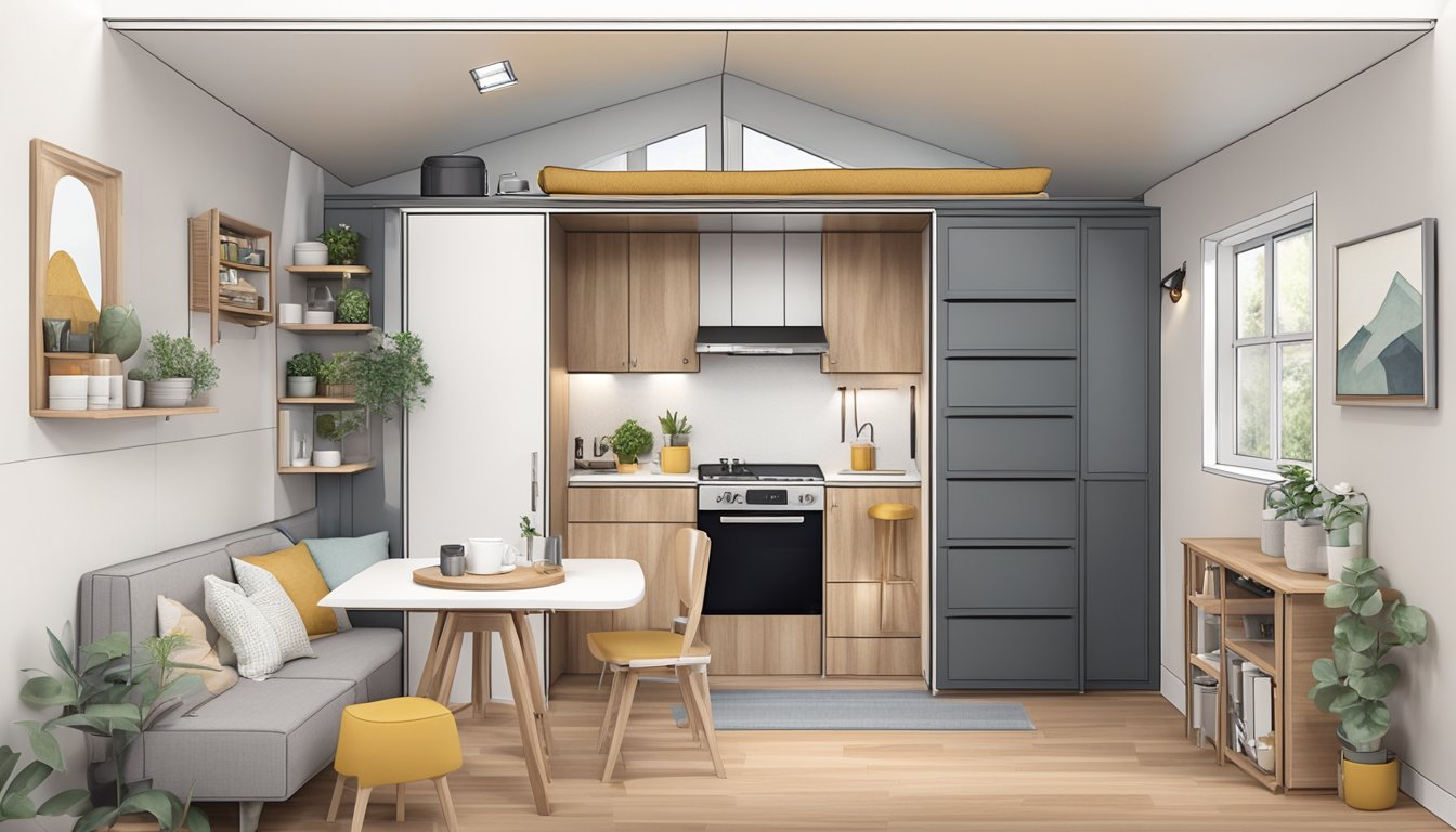 A tiny house with convertible furniture, a loft bedroom, and a fold-out dining table, surrounded by versatile storage solutions and multi-functional appliances