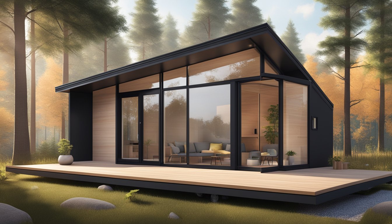 A sleek 45m2 tiny house with large windows, a minimalist exterior, and a small outdoor deck surrounded by trees