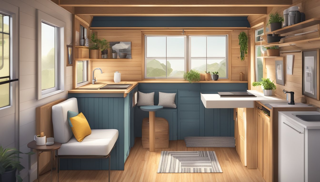 The tiny house interior features a cozy living area with a fold-out table, a compact kitchenette, a loft bedroom, and a modern bathroom